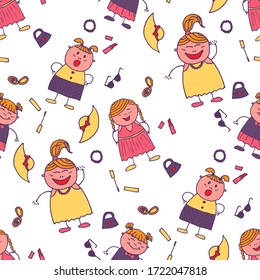 Naive Texture in Fashion Style. Seamless Pattern with Hand Drawn Girls. Bright Seamless Background with Trendy Elements. Modern Childish Rapport for Dress, Linen, Child Cloth. Vector Girlie Pattern.