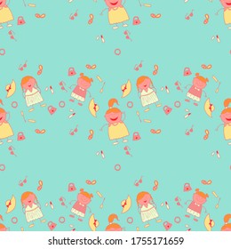 Naive Texture in Fashion Style. Seamless Pattern with Hand Drawn Girls. Bright Seamless Background with Trendy Elements. Modern Childish Rapport for Dress, Linen, Child Cloth. Vector Girlie Pattern.