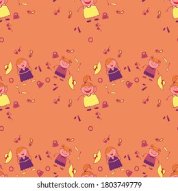 Naive Texture in Fashion Style. Seamless Pattern with Hand Drawn Girls. Bright Seamless Background with Trendy Elements. Modern Childish Rapport for Dress, Linen, Child Cloth. Vector Girlie Pattern.