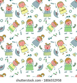 Naive Texture in Fashion Style. Seamless Pattern with Hand Drawn Girls. Modern Childish Rapport for Dress, Linen, Child Cloth. Bright Seamless Background with Trendy Elements. Vector Girlie Pattern.