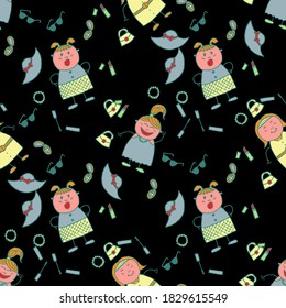 Naive Texture in Fashion Style. Seamless Pattern with Hand Drawn Girls. Modern Childish Rapport for Dress, Linen, Child Cloth. Bright Seamless Background with Trendy Elements. Vector Girlie Pattern.