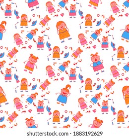 Naive Texture in Fashion Style. Seamless Pattern with Hand Drawn Girls. Bright Seamless Background with Trendy Elements. Modern Childish Rapport for Dress, Linen, Child Cloth. Vector Girlie Pattern.