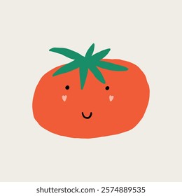 Naive Tomato Character. Funny Cherry Tomatoes Kawaii Face. Cute Vegetables Mascot. Vector Hand Drawn Isolated Illustration