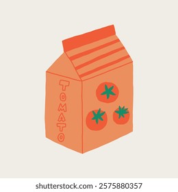 Naive Tomato Juice Paper Box. Fresh Vegetable Beverage Pack. Hand Drawn Vector Isolated Illustration