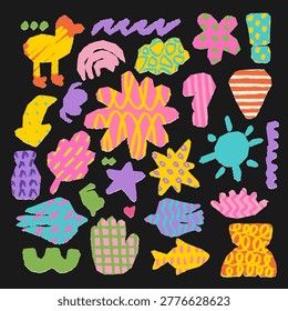 Naive torn paper sticky notes summer life set, colorful childlike cutout shapes with duck, fish, crab, sun and waves, bold marker textures for kids collage, classroom decor, playful scrap pages