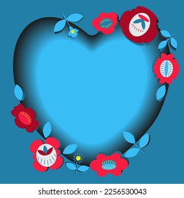 Naive traditional flowers paper cut heart shaped frame. Ethnic festive embroidery decoration ornament. Boho style ornate floral print post card. Bohemian vintage 70s 60s 50s plant elements design