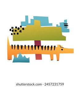 Naive trendy children's illustration with dinosaurs and tropical animals. Vector illustration for children's rooms, t-shirts, prints. Paper cut style with gradients and texture. Vector