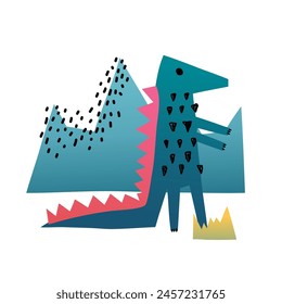 Ilustración infantil de moda con dinosaurios y animales tropicales. Ilustración vectorial para habitaciones de niños, camisetas, estampados. Estilo de corte de papel con Gradientes y textura. Vector