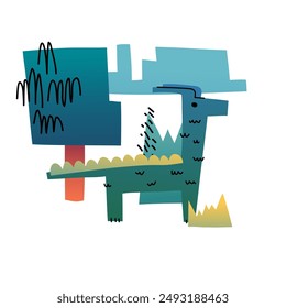 Naive trendy children's illustration with dinosaurs and tropical animals. Vector illustration for children's rooms, t-shirts, prints. Paper cut style with gradients and texture. Vector