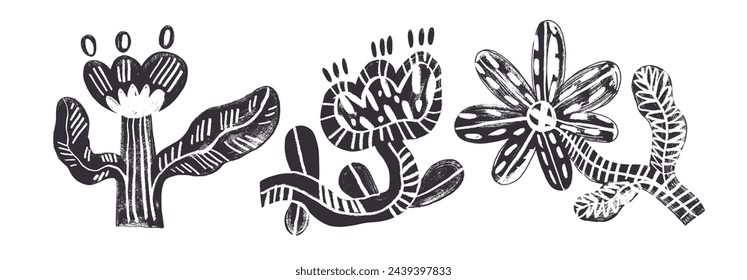 Naive tribal flowers with charcoal drawn decoration. Hand drawn bold naive plant with doodle pattern. Abstract botanical vector illustration, doodle shape stickers. Childish or primitive drawing.