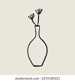 Naive Vase Flower Pottery Ceramic. Jug Sketch Black Line Symbol. Stylized Whimsical Hand Drawn Vector Element Decor