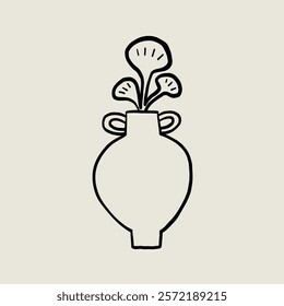 Naive Vase Plant Pottery Ceramic. Jug Sketch Black Line Symbol. Stylized Whimsical Hand Drawn Vector Element Decor