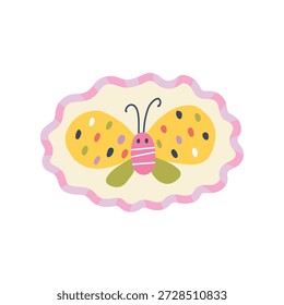 Naive vector butterfly icon in hand-drawn ceramic style. Isolated whimsical insect element for spring garden design, clay craft, cottagecore stationery, nursery textile and cute village branding