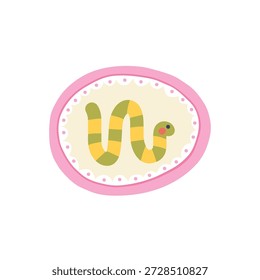 Naive vector caterpillar snake in hand-drawn oval medallion with pink polka dot border. Isolated ceramic charm in cottagecore style for kids nursery decor, clay craft, stickers and stylish stationery