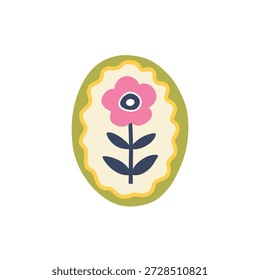 Naive vector flower in hand-drawn oval medallion. Isolated minimalist ceramic charm in cottagecore style for botanical jewelry design, clay craft, wedding stationery, textile and stylish nursery