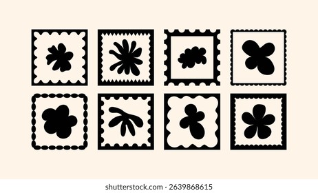 Naive vector graphics, summer and holiday theme, floral frames and borders in simple hand drawn cut out style with mosaic illustrations