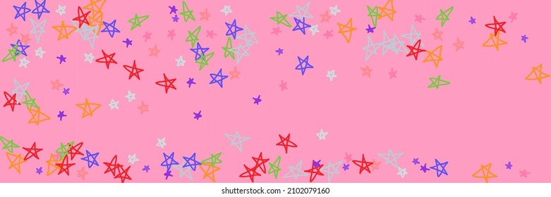 Naive Vibrant Bright Orange Childish Kids Violet Picture. Childish Orange Violet Green Kids Pinky Chaotic Purple Background. Grey Vivid Pastel Pink Red Lavender Stars Handdrawn Stars.