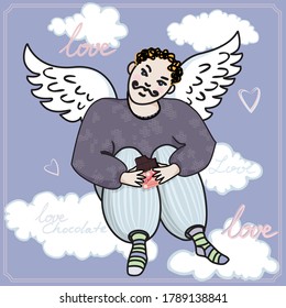 Naive, vintage illustration with an angel. Amour with a chocolate sit on the cloud.