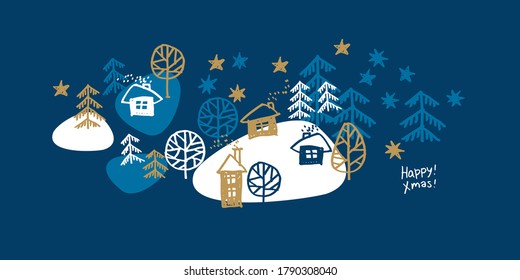 Naive Winter Forest Night Scene With Cosy House And Xmas Trees. Hand Drawn Vector Holiday Card.
