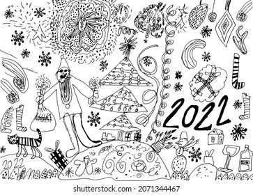 Naivety Christmas black and white funny drawing in kids scribble style for poster, greeting card, package. Marker pen childlike freehand art. Cute hand drawn sketch for celebration of happy new year. 