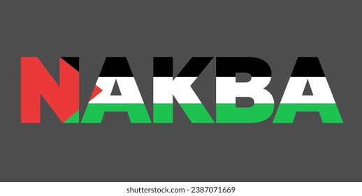 Nakba, catastrophe as transaltion from arabic. Palestine and Palestinian exodus, ethnical cleansing and genocide in Gazastrip and West bank. Vector illustration of text and national flag.