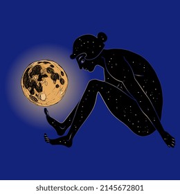 Naked ancient Greek woman as starry night holding shining full moon on her toe. Goddess Nyx or Selene. Creative concept. Female archetype. Lunar mystery.