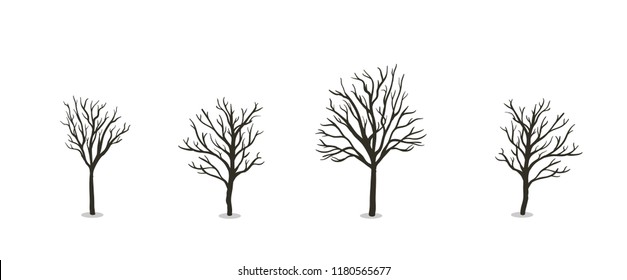 Naked autumn tree set. Flat vector illustration. Isolated on white background.