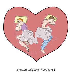 Naked couple in bed on the background of the heart. vector illustration