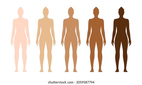 Naked Female Body With Different Skin Tones. Human Race Skin Color Examples Vector Illustration, Isolated On White Background.