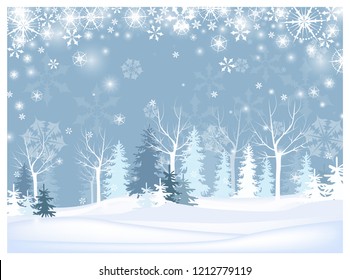 Árvores nuas e abetos na ilustração do vetor florestal. Bonitos flocos de neve caindo na floresta de inverno. Conceito de natureza