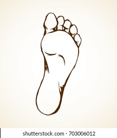 Naked flatfoot on light backdrop. Freehand line black ink hand drawn picture logo emblem sketchy in retro art scribble contour graphic style pen on paper. Closeup bottom macro view with space for text