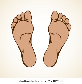 Naked flatfoot on light backdrop. Freehand line black ink hand drawn picture logo emblem sketchy in retro art scribble contour graphic style pen on paper. Closeup bottom macro view with space for text