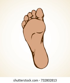 Naked flatfoot on light backdrop. Freehand dark ink hand drawn picture logo sketchy in retro art scribble graphic style. Closeup bottom macro view with space for text
