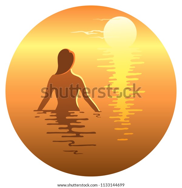 Naked Girl Standing In The Sea At Sunset
