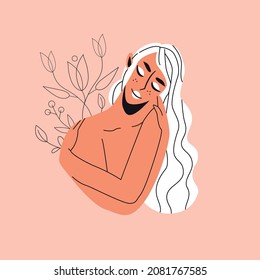 A naked girl with white hair hugs herself by the shoulders. Flowers bloom behind her. Self-love, body positive, self-care, calmness. Vector flat illustration on peach background