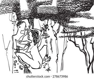 Naked lovers under the trees. An hand drawn vector illustration from the series: Art of Line Art. Technique: Digital drawing.