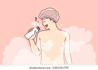 Naked man sings in shower using shampoo instead of microphone and stands in puffs of steam. Guy taking bath sings and pretends to be visitor to karaoke club, enjoying spa treatments