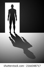 A naked man standing in a bright opened door dropping a big shade on the floor of the room. Psychological concept vector illustration.