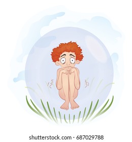 A naked man in a transparent ball. Vector illustration, isolated on white background.