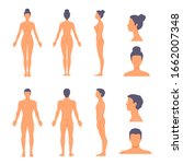 Naked man and woman standing in full length with no face. Front, side, back view. Vector cartoon simple flat style illustration set isolated on a white background.