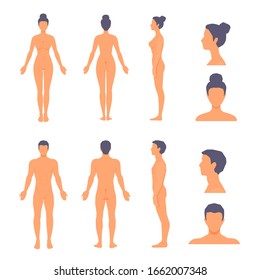 Naked Man And Woman Standing In Full Length With No Face. Front, Side, Back View. Vector Cartoon Simple Flat Style Illustration Set Isolated On A White Background.