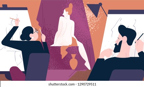 Naked Model Posing For Male And Female Artists While They Sitting At Easels And Drawing Her. Art School, Studio Or Class, Artistic Work. Colorful Vector Illustration In Modern Flat Cartoon Style.