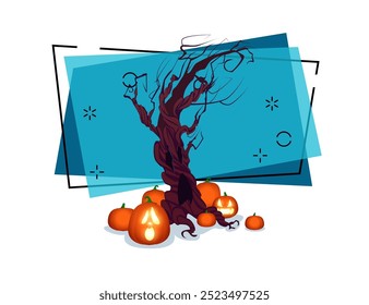 Naked old tree and pumpkin lanterns vector illustration on abstract background. Halloween banner design. Celebration, party, fear, holiday concept. Can be used for poster or invitation