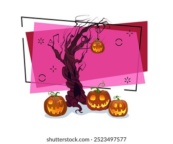 Naked old tree and pumpkin lanterns vector illustration on abstract background. Halloween banner design. Celebration, party, fear, holiday concept. Can be used for poster or invitation