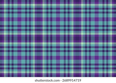 Plano de fundo xadrez padrão nu, mostrar tartan de verificação têxtil. Vetor sem emenda de tecido de textura funky na paleta de cores violeta e ciano.