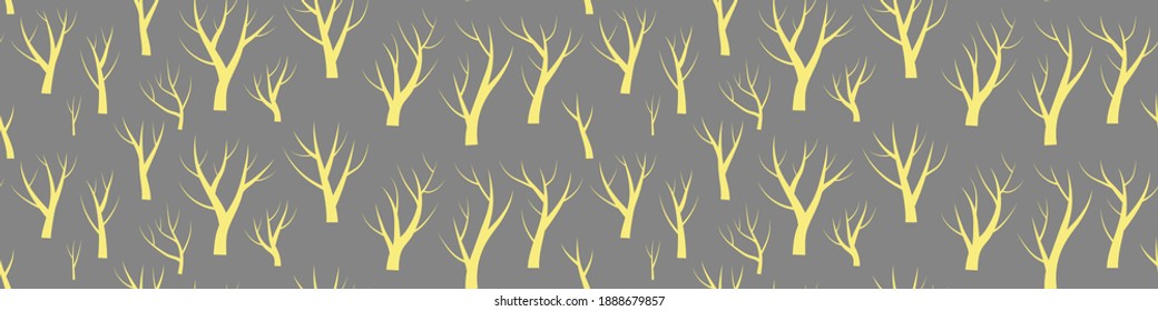 Nackte Bäume nahtloses Muster. Gelbe Silhouetten auf grauem Hintergrund. Vektorgrafik.