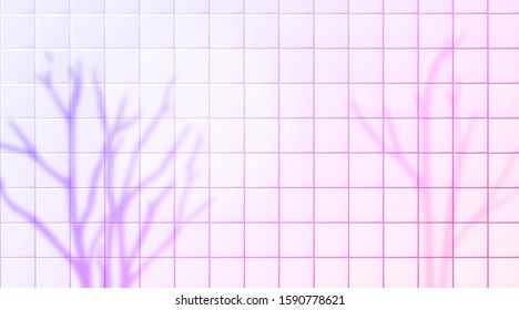 Naked trees shadow overlay silhouettes on pink tiles wall. Purple trendy background with blurred branches. Horizontal vector banner design.