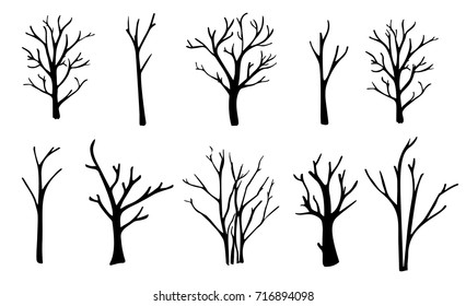 Naked trees silhouettes set. Hand drawn isolated illustrations