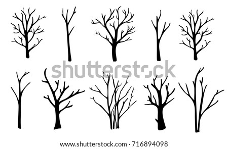 Naked trees silhouettes set. Hand drawn isolated illustrations