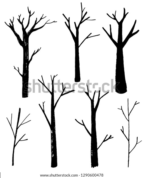 Naked Trees Silhouettes Set Hand Drawn Stock Vector Royalty Free Shutterstock